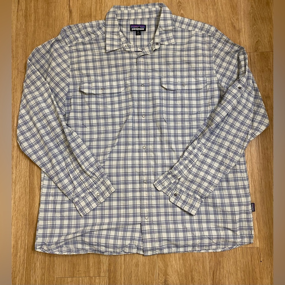 Patagonia Men’s Light Blue and White Plaid Button-Down Shirt